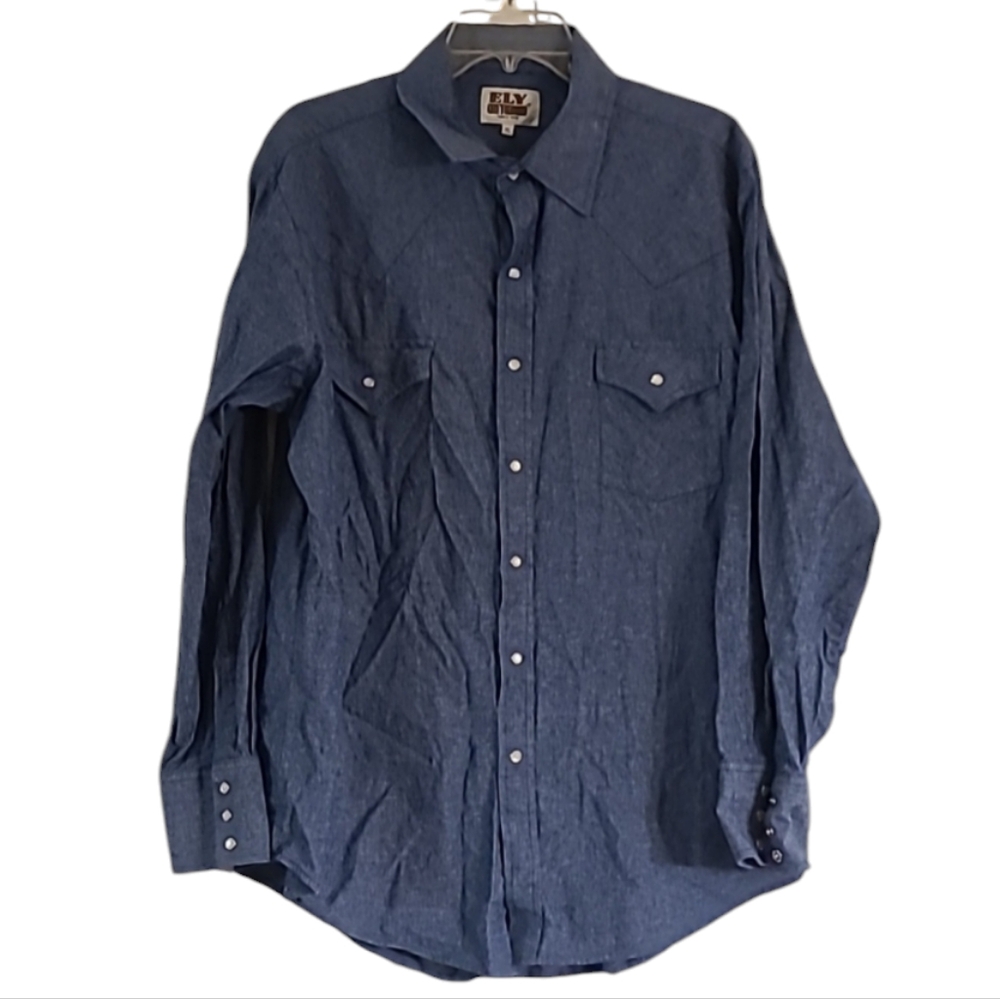 ELY Cattleman Vintage Pearl Snap Blue Western Shirt sz XL Cowboy Rodeo Country